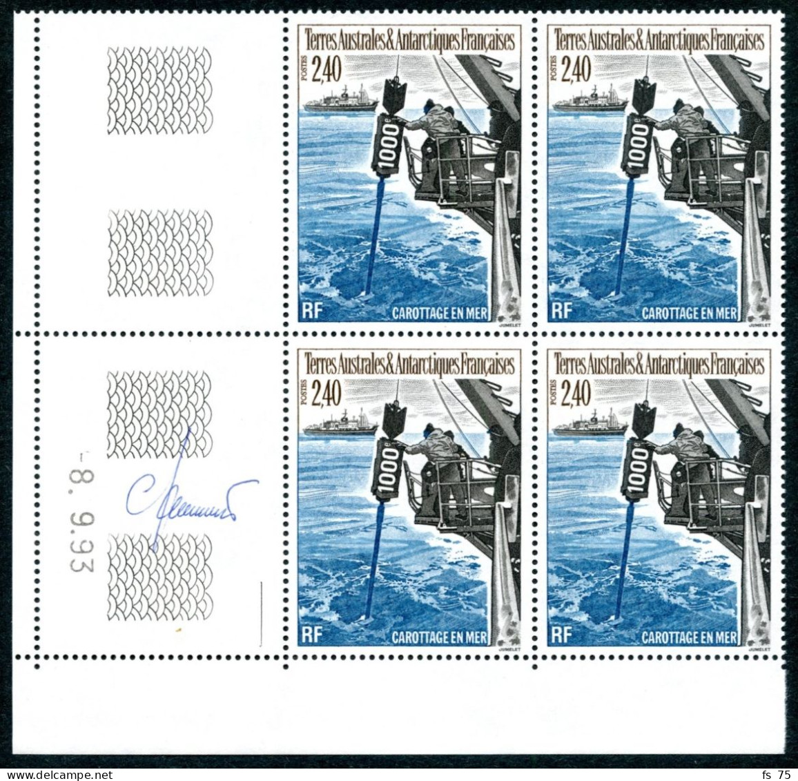 TAAF - N°187 - CAROTTAGE EN MER  - BLOC DE 4 - COIN DATE - SIGNE C. JUMELET - Unused Stamps