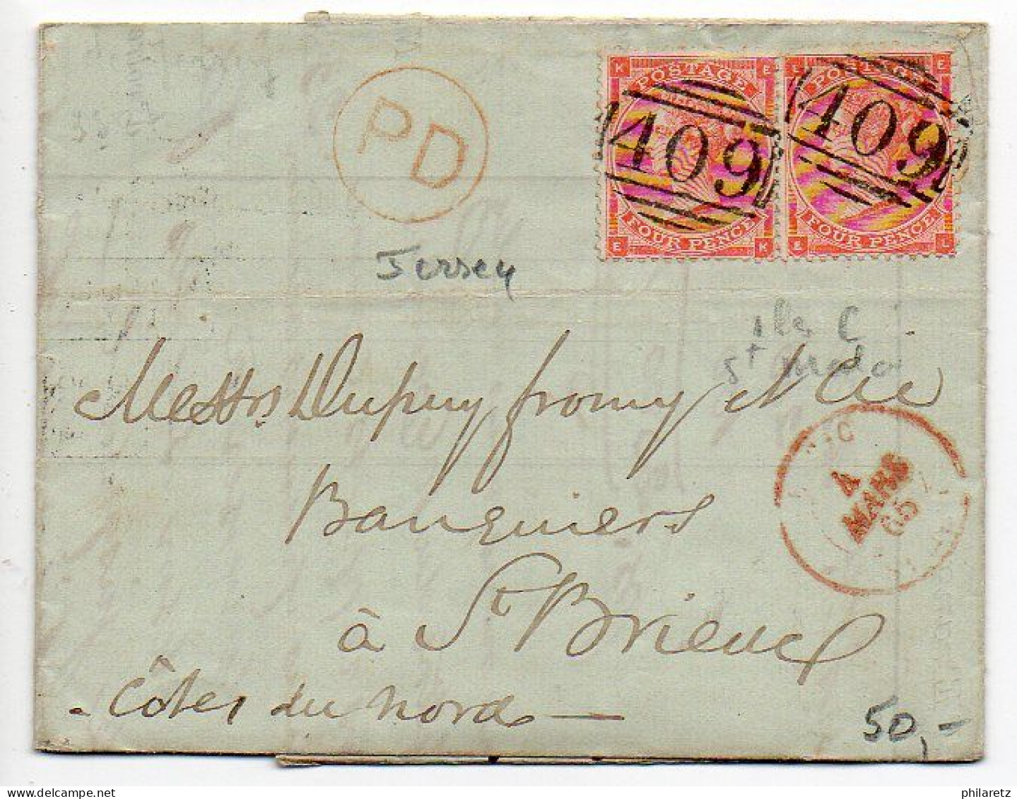 Jersey : Lettre De 1865 Pour La France - Affranchie 4p X2 D'Angleterre - Jersey