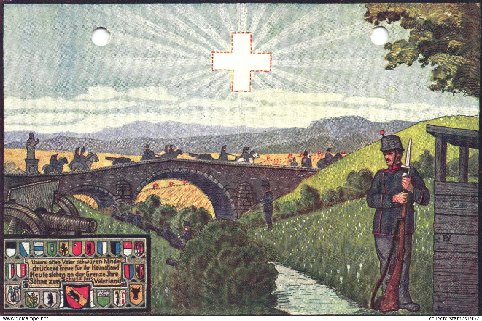 MILITARIA, ILLUSTRATION, SOLDIER, BRIDGE, EMBLEM, HORSE, STATUE, 1914, SWITZERLAND, POSTCARD - Altri & Non Classificati