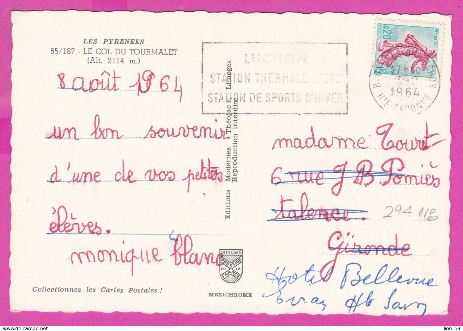 294118 / France - Les Pyrenees Le Col Du Tourmalet 2114 M. PC 1964 USED 0.20 Fr. Semeuse Turquoise Et Rose Flamme LUCHON - Brieven En Documenten