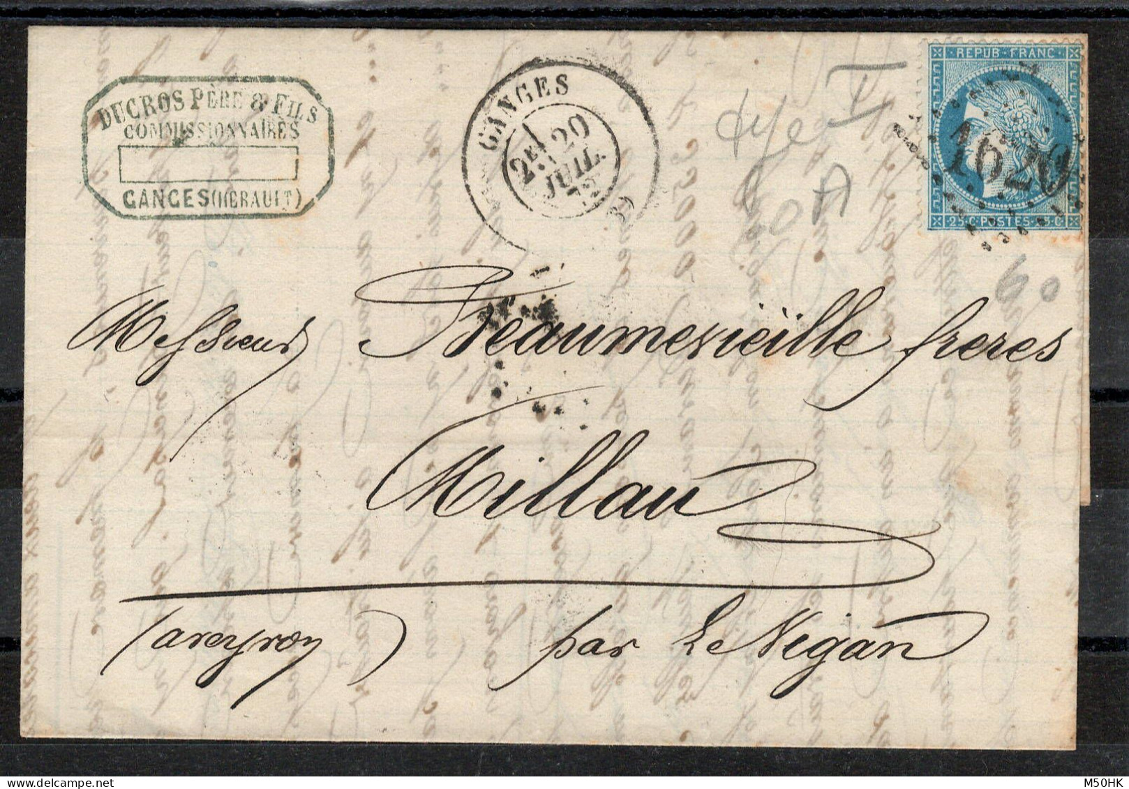 GC 1620 De Ganges Sur Lettre Pour Millau Avec YV 60A De 1872 , Gros Indice - 1849-1876: Klassik