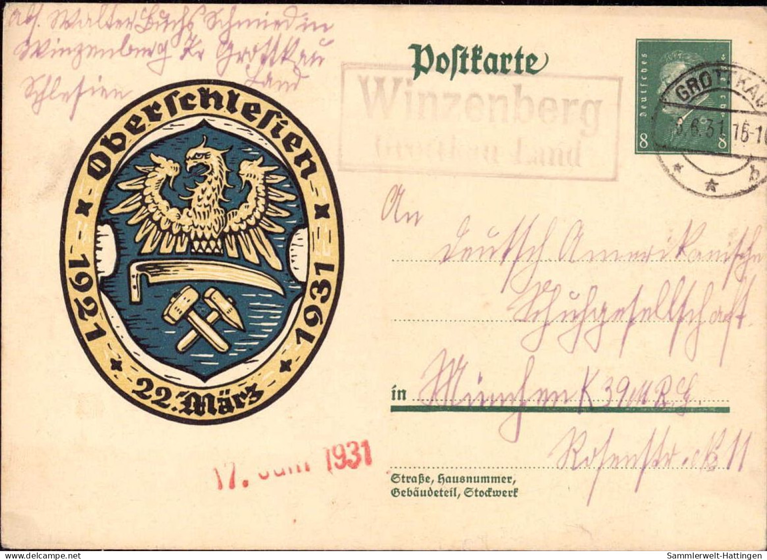 604246 | Oberschlesien, Ganzsache Mit Stempel Der Posthilfsstelle  | Winzenberg (Kreis Grottkau O.Schl.), -, - - Lettres & Documents