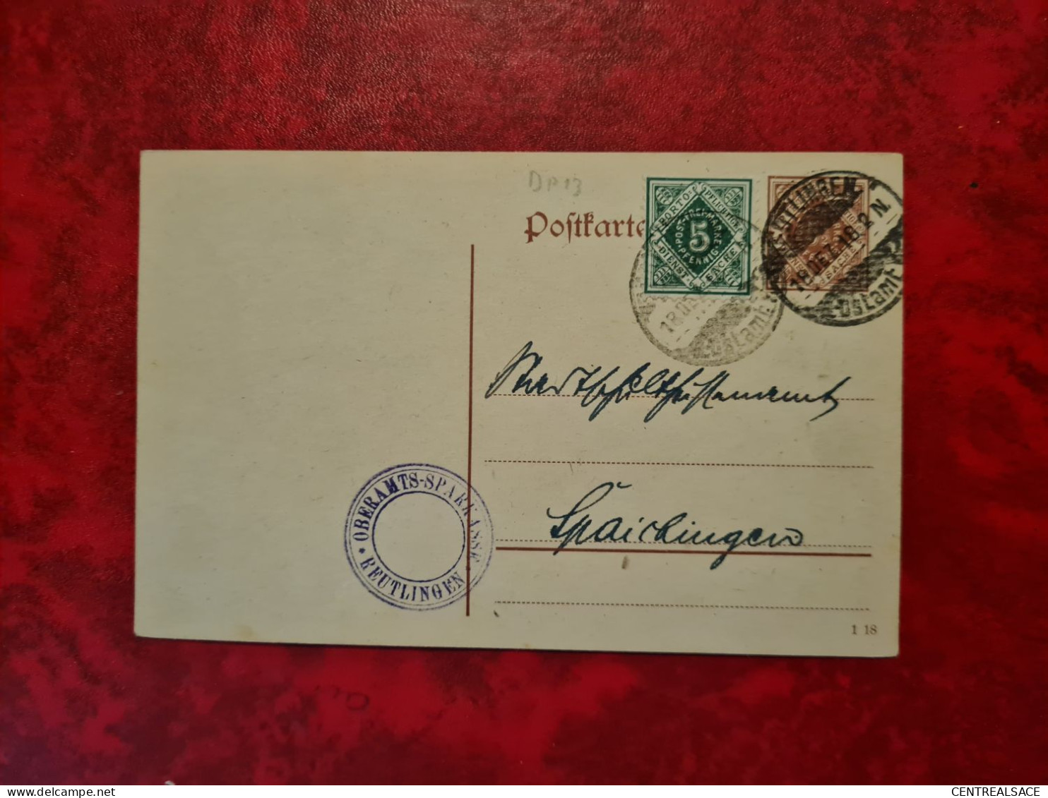 POSTKARTE 1918 ENTIER GANZACHE REUTLINGEN OBERAMTS SPARKASSE - Altri & Non Classificati