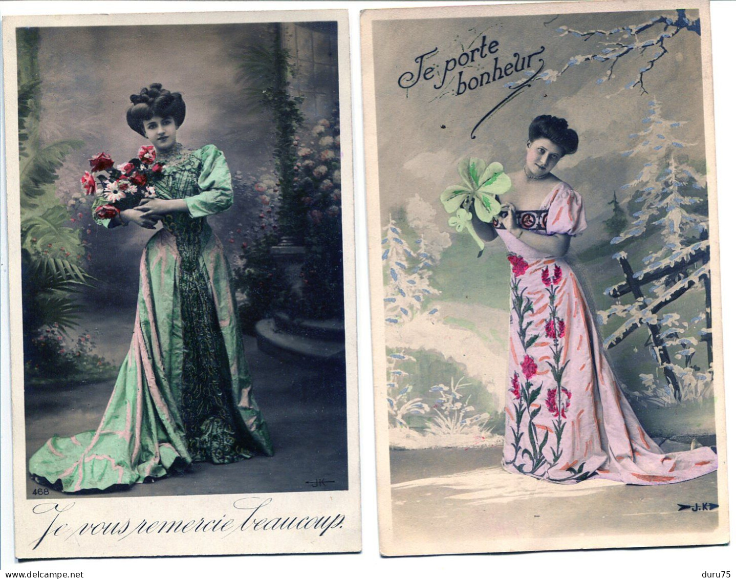 LOT 2 CPA Fantaisies * Femme Robe Longue Bouquet Fleurs Trèfle 4 Feuilles Je Porte Bonheur - Frauen