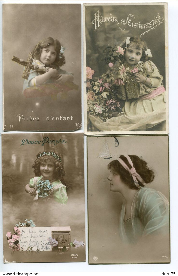 LOT 4 CPA Fantaisies * Petite Fille Fillette Prière D'Enfant Croix Heureux Anniversaire Fleurs Douce Pensée Jeune Femme - Autres & Non Classés