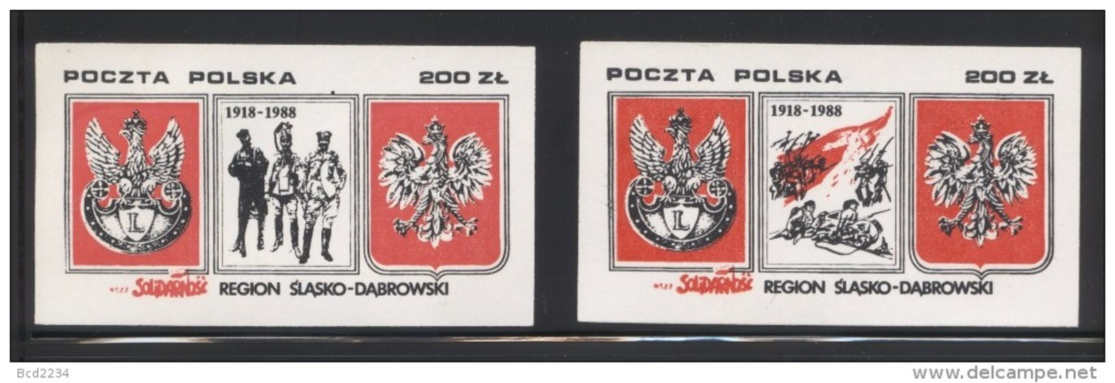 POLAND SOLIDARITY SOLIDARNOSC 1988 70TH ANNIV POLISH INDEPENDENCE WW1 SET OF 2 MS HORSES CAVALRY SOLDIERS ARMY - Vignette Solidarnosc