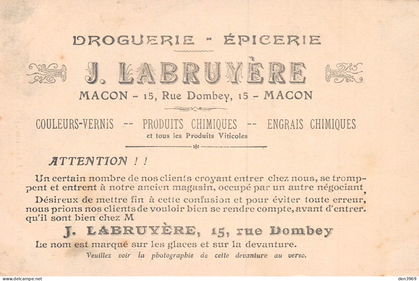 MACON (Saône-et-Loire) - Droguerie J. Labruyère, 15 Rue Dombey - Publicité Au Verso (2 Scans) - Macon