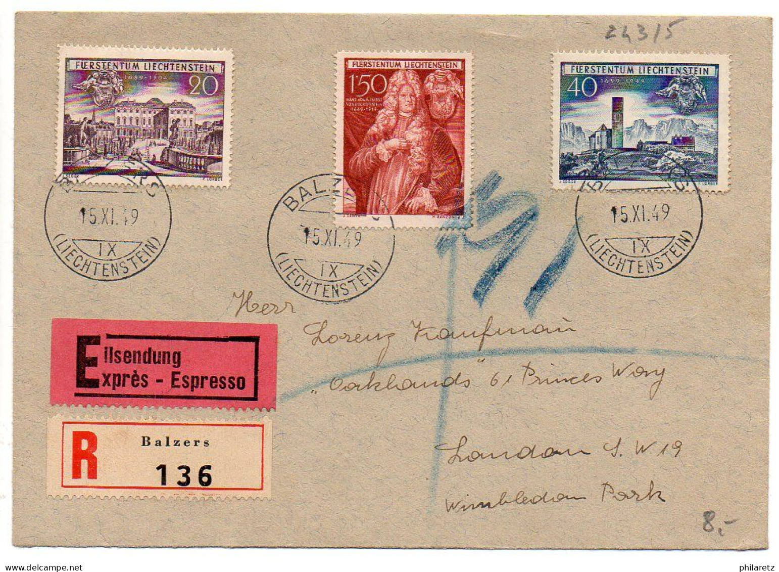 Liechtenstein : N° 243 à 245 Sur Lettre Recommandée Et Par Exprès De 1949 - Storia Postale