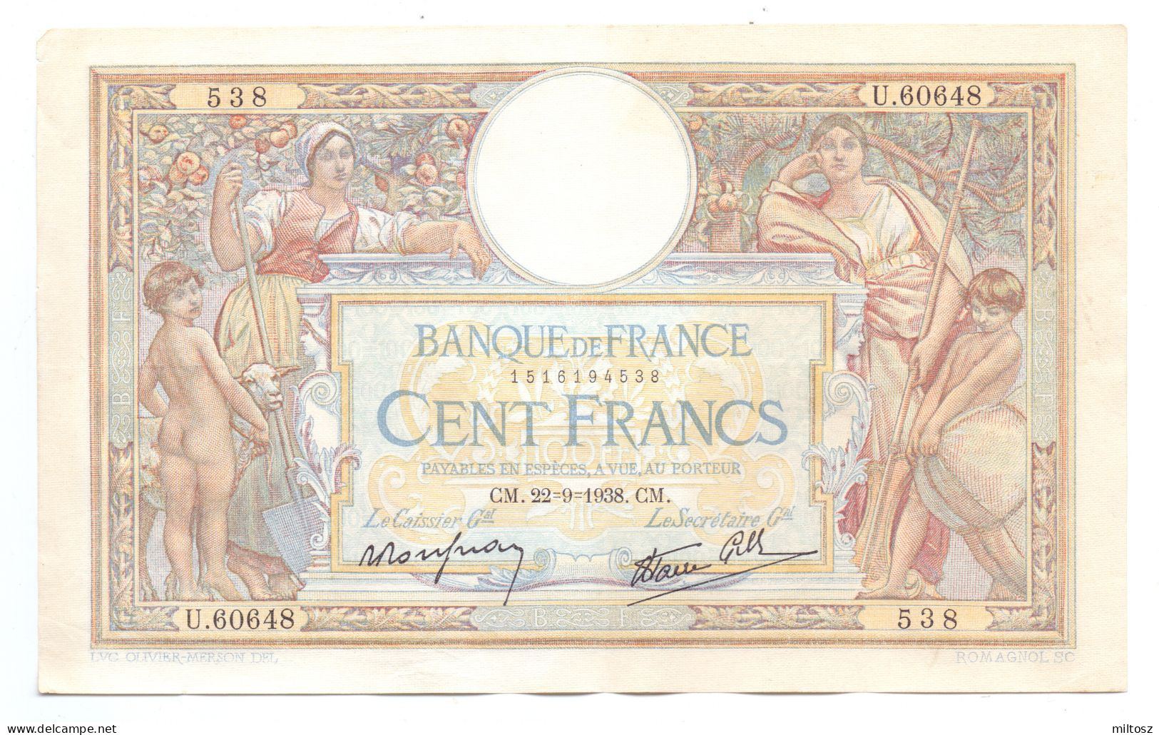 France 100 Francs 1938 - 100 F 1908-1939 ''Luc Olivier Merson''