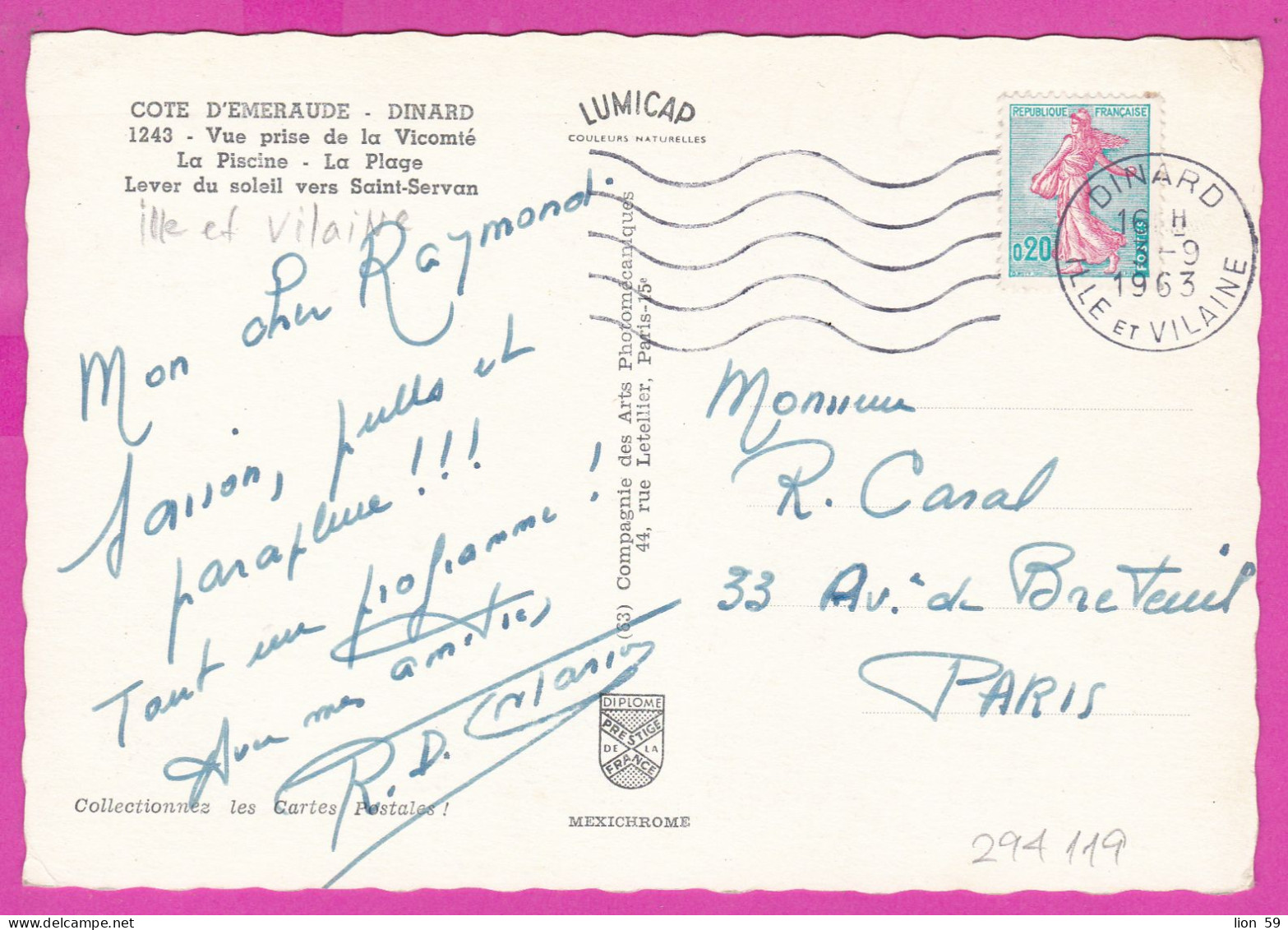294119 / France - Dinard -Côte D'Emeraude - Vue Prise De La Vicomte PC 1963 USED 0.20 Fr. Semeuse Turquoise Et Rose - Covers & Documents