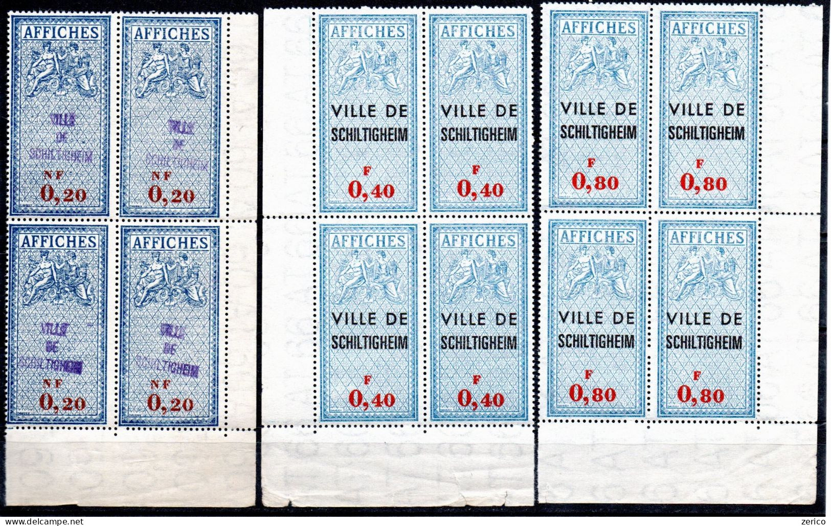 SCHILTIGHEIM** Bas-Rhin Taxes Sur Les Affiches Type II Blocs De 4  Bords De Feuilles Fiscal Fiscaux Affiche Affichage - Stamps