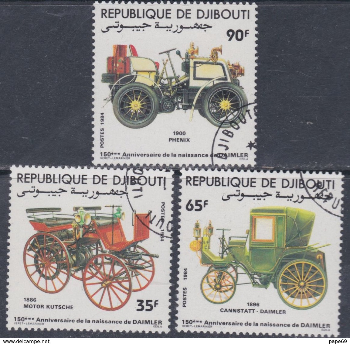 Djibouti N° 591 / 93 O : 150ème Anniversaire De La Naissance De Daimler Voitures Anciennes Les 3 Val. Oblitérées TB - Dschibuti (1977-...)