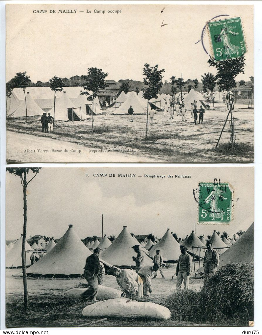 Militaria LOT 2 CPA Voyagé 1908 & 1910 * CAMP De MAILLY Le Camp Occupé & Remplissage Des Paillasses (animée) - Barracks