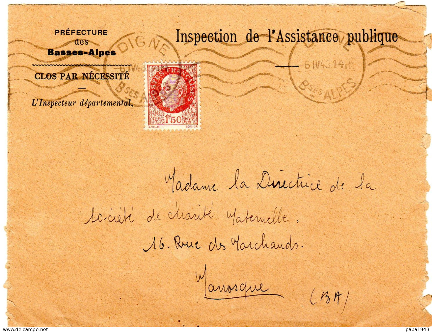 1946  Prefecture Du 04 " INSPECTION De L' ASSISTANCE PUBLIQUE "  Envoyée à MANOSQUE - Briefe U. Dokumente