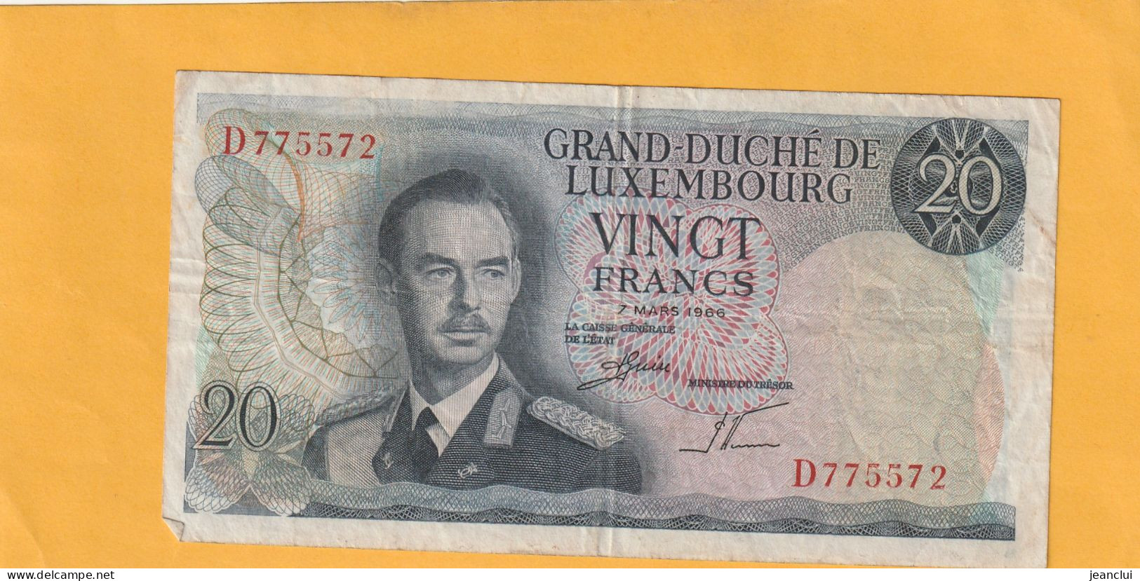 GRAND-DUCHE DE LUXEMBOURG  .  20 FRANCS  .  7-3-1966  .  N°  D 775572   .  2 SCANNES  .  BILLET USITE - Luxemburg