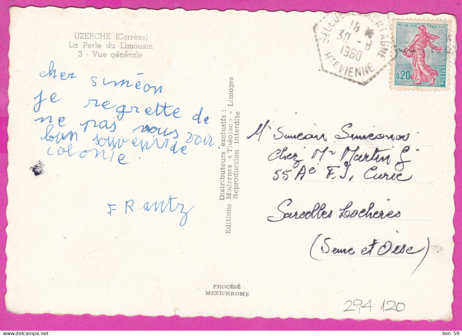 294120 / France - UZERCHE (Correze) La Perle Du Limousin Vue Generale PC 1960 USED 0.20 Fr. Semeuse Turquoise Et Rose - Covers & Documents