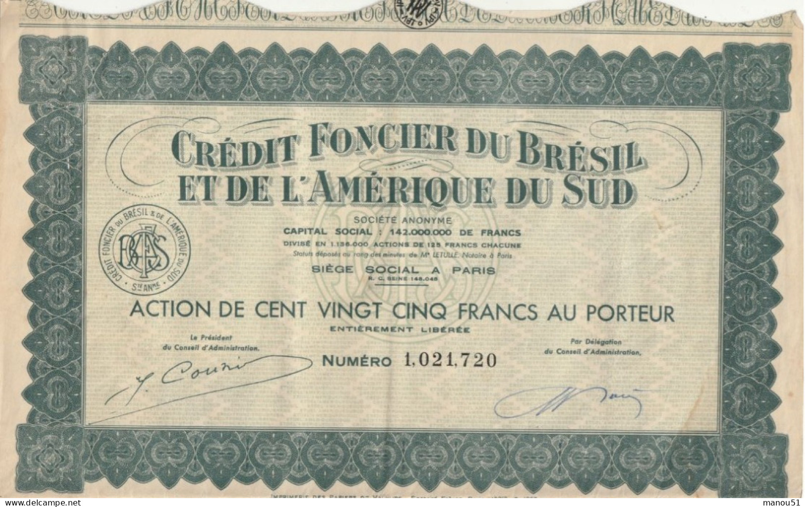 ACTION De 125 Francs Du CREDIT FONCIER Du BRESIL Et De L'AMERIQUE Du SUD - A - C