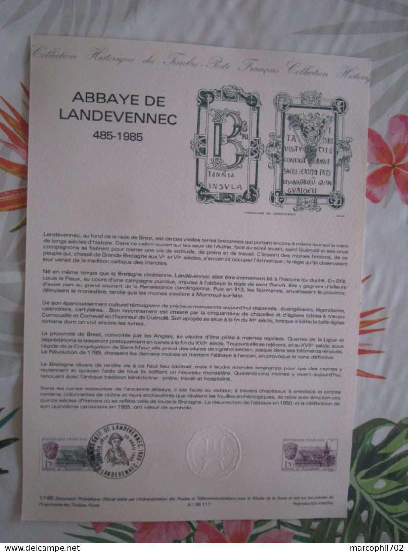 Document Officiel Abbaye De Landevennec 20/4/85 - Documents Of Postal Services