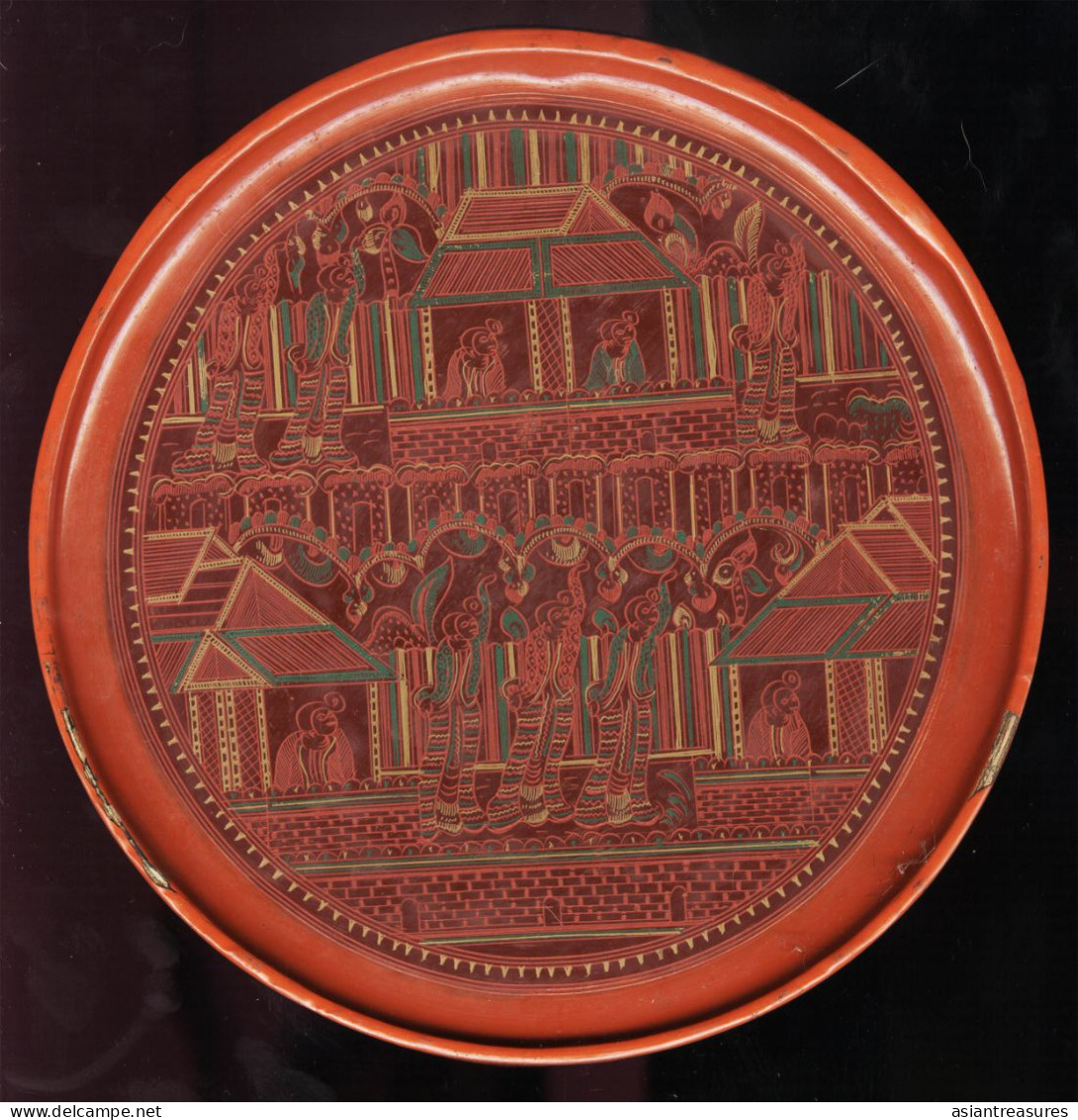 Older Burma  Regular 9-piece Hand-painted, Hand Etched Covered Fixed Section Box Intricate Work Ca 1920-50 - Aziatische Kunst