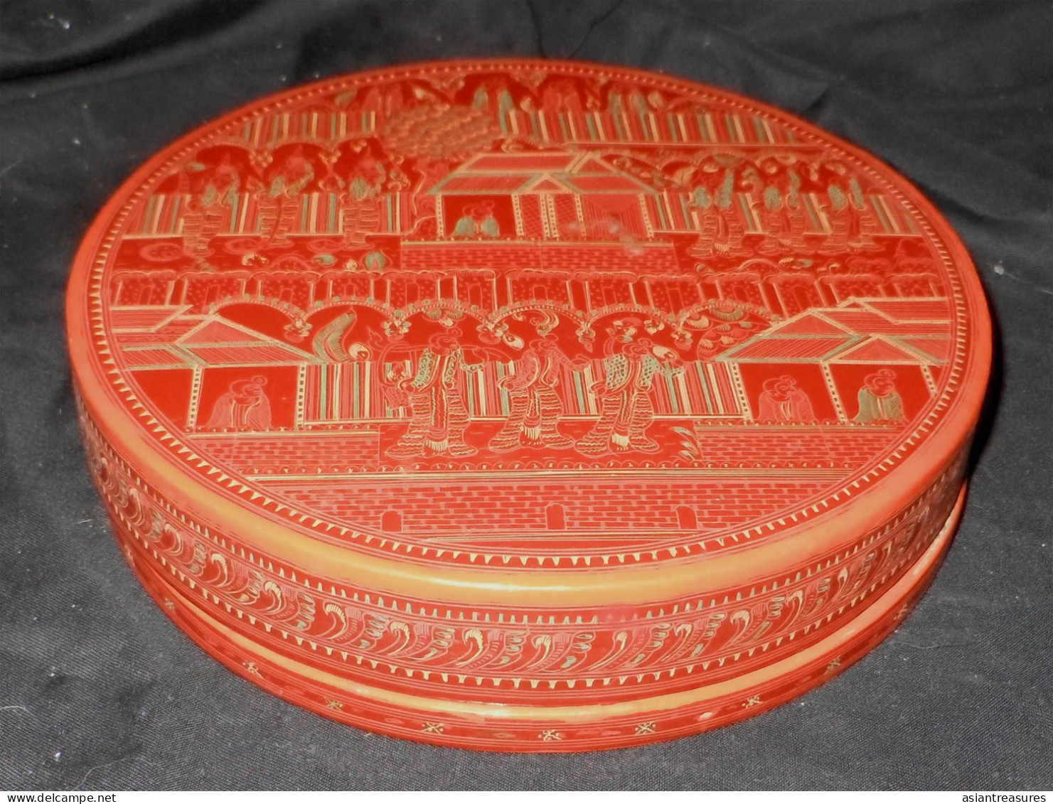 Older Burma  Regular 9-piece Hand-painted, Hand Etched Covered Fixed Section Box Intricate Work Ca 1920-50 - Asian Art