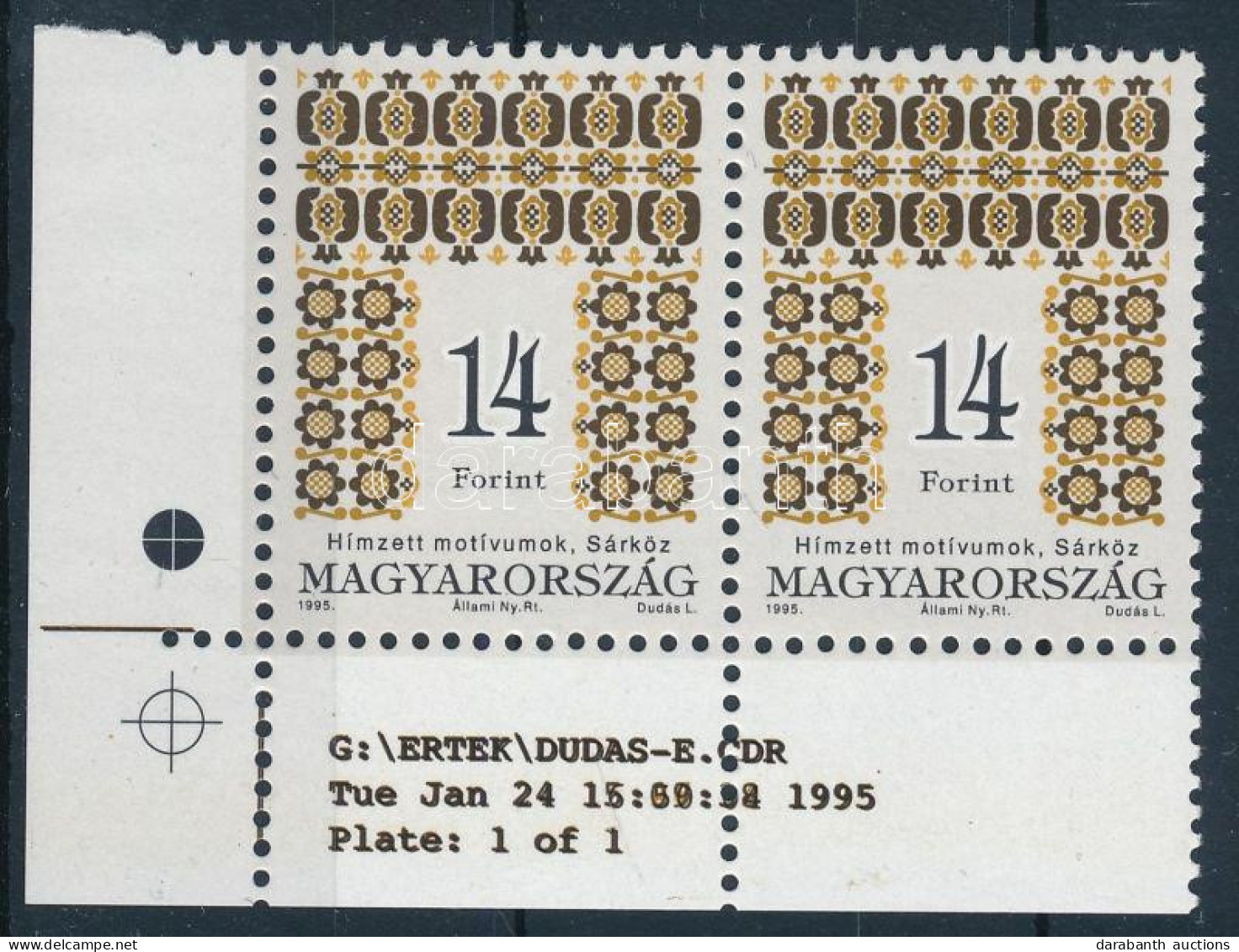 ** 1995 Magyar Népművészet (III.) 14Ft Bal Alsó ívsarki Párban, ívszéli Jelzéssel és Felirattal, Sihl Papíron - Other & Unclassified