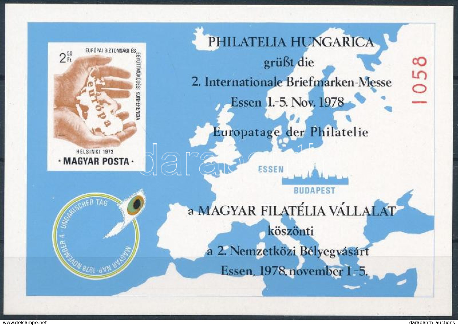 ** 1978 PHILATELIA HUNGARICA Essen Emlékív Karton Papíron, Piros Sorszámmal - Other & Unclassified