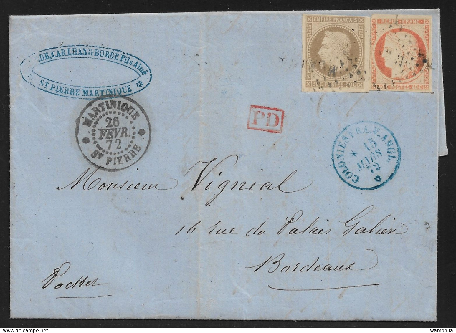 Martinique 1872 Lettre Entière Avec N°9 Et 13 Oblitéré De St Pierre. - Lettres & Documents