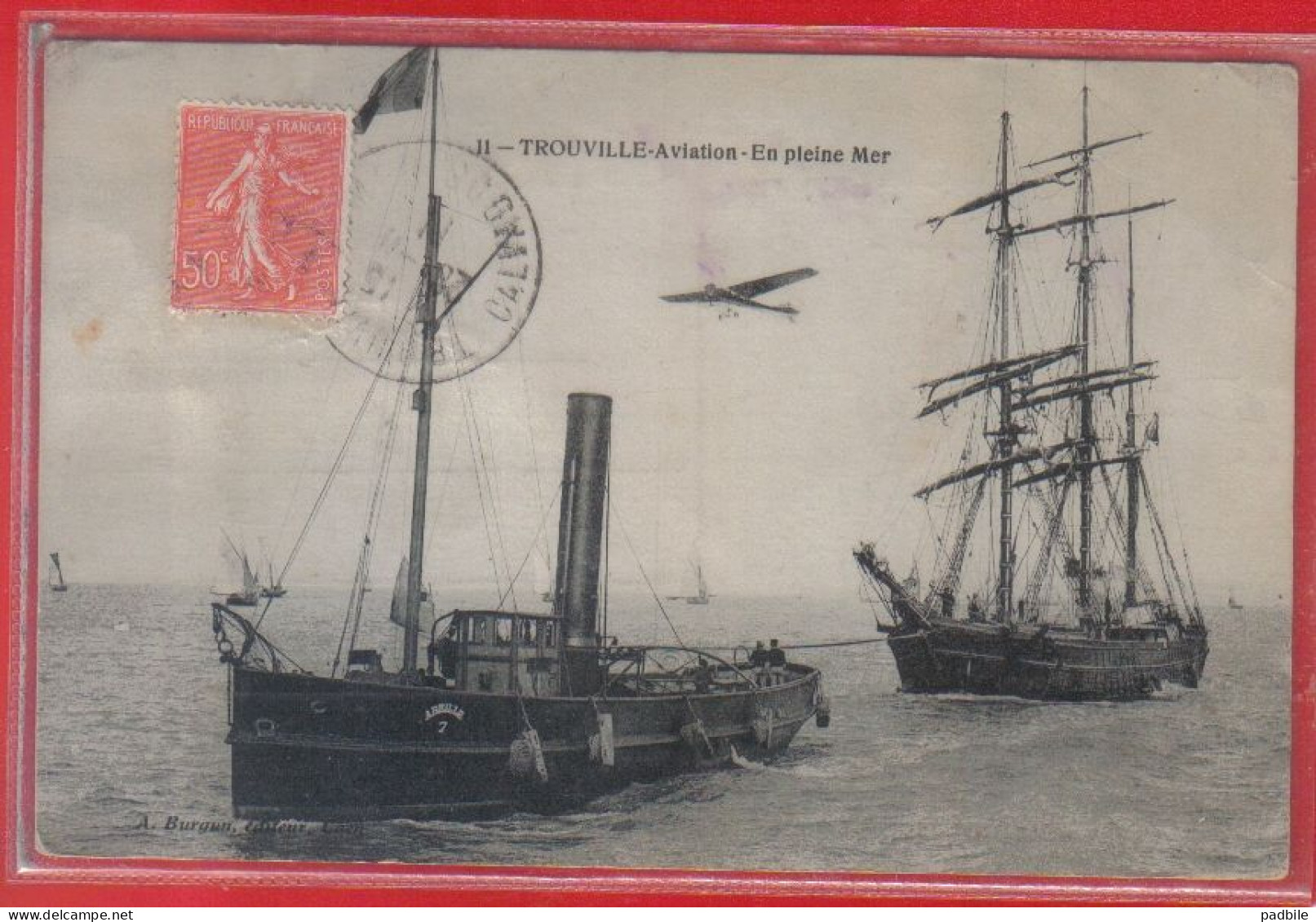 Carte Postale 14. Trouville Deauville  Aviation En Pleine Mer  Trois Mâts En Remorque  Remorqueur  Très Beau Plan - Trouville