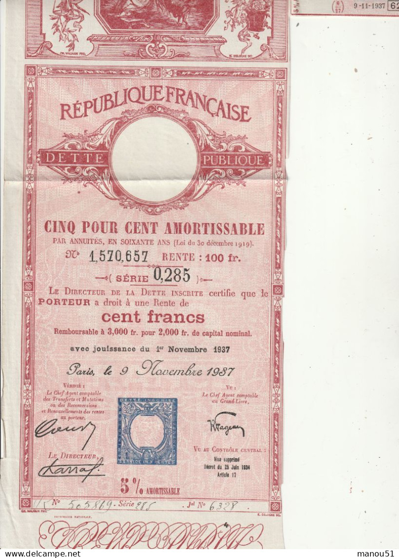 ACTION  5% Dette Publique REPUBLIQUE FRANCAISE 1937 - D - F