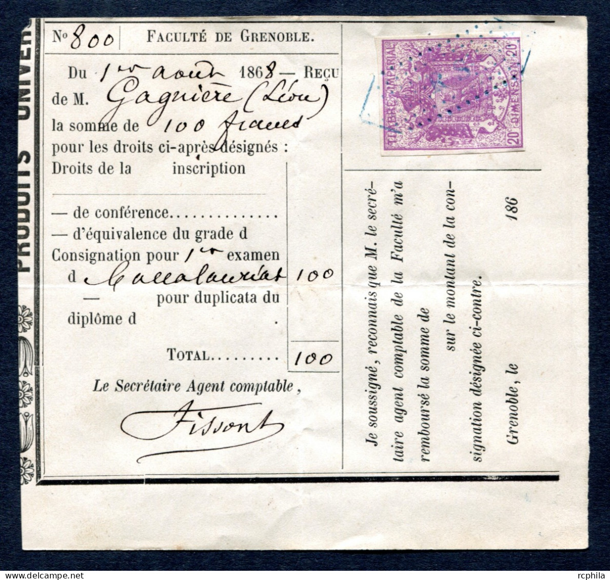 RC 27645 FRANCE 1868 - 20c TIMBRE FISCAL DE DIMENSION SUR DOCUMENT DE LA FACULTÉ DE GRENOBLE 1er EXAMEN DU BACCALAURÉAT - Lettres & Documents