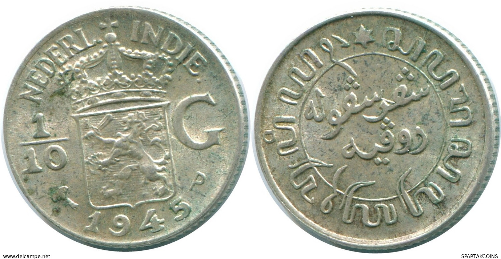 1/10 GULDEN 1945 P INDES ORIENTALES NÉERLANDAISES ARGENT Colonial Pièce #NL14160.3.F.A - Nederlands-Indië