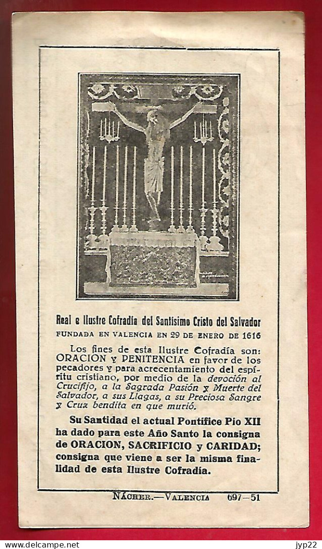 Image Pieuse Real Cofradia Del Santissimo Christo Del Savador - Papier D'inscription De 1951 - Devotion Images