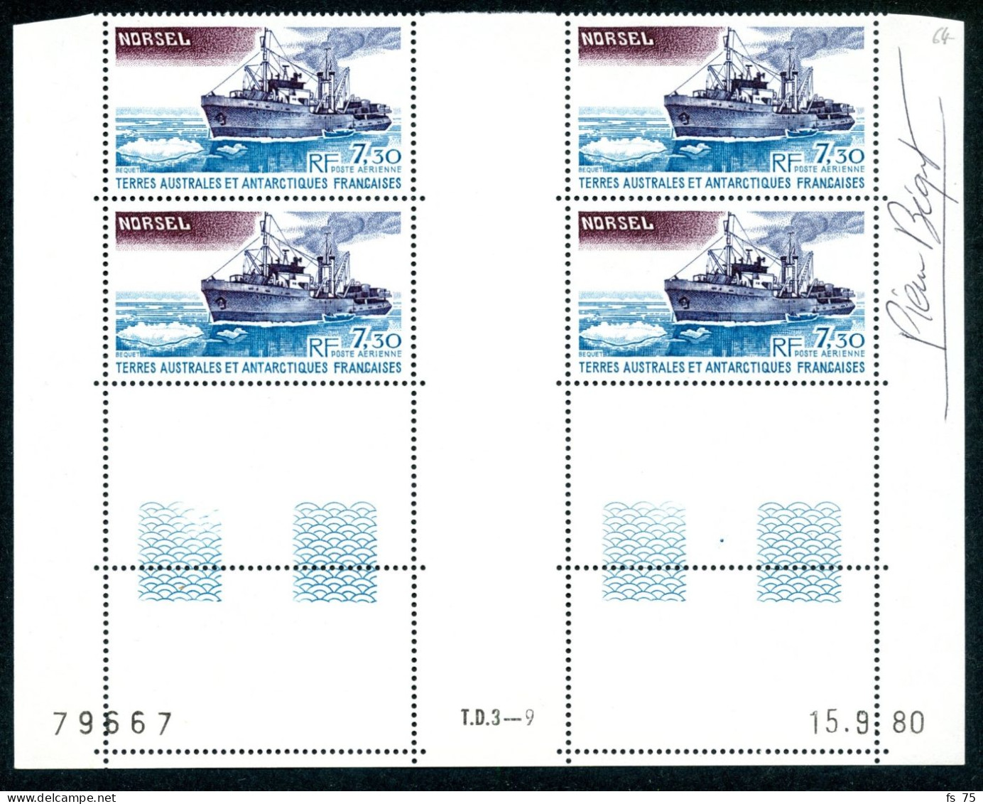 TAAF - PA N°64 -  NORSEL - BLOC DE 4 - COIN DATE - SIGNE P. BEQUET - Nuovi