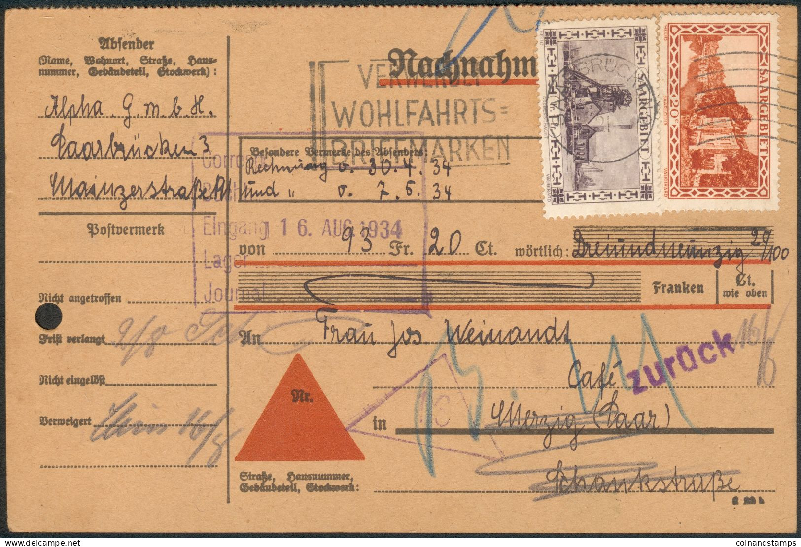 Deutsche Abstimmungsgbiete Saargebiet Nachnahmepaketkarte über 93 Fr. 20 Ct. 1934 Nach Merzig - Lettres & Documents