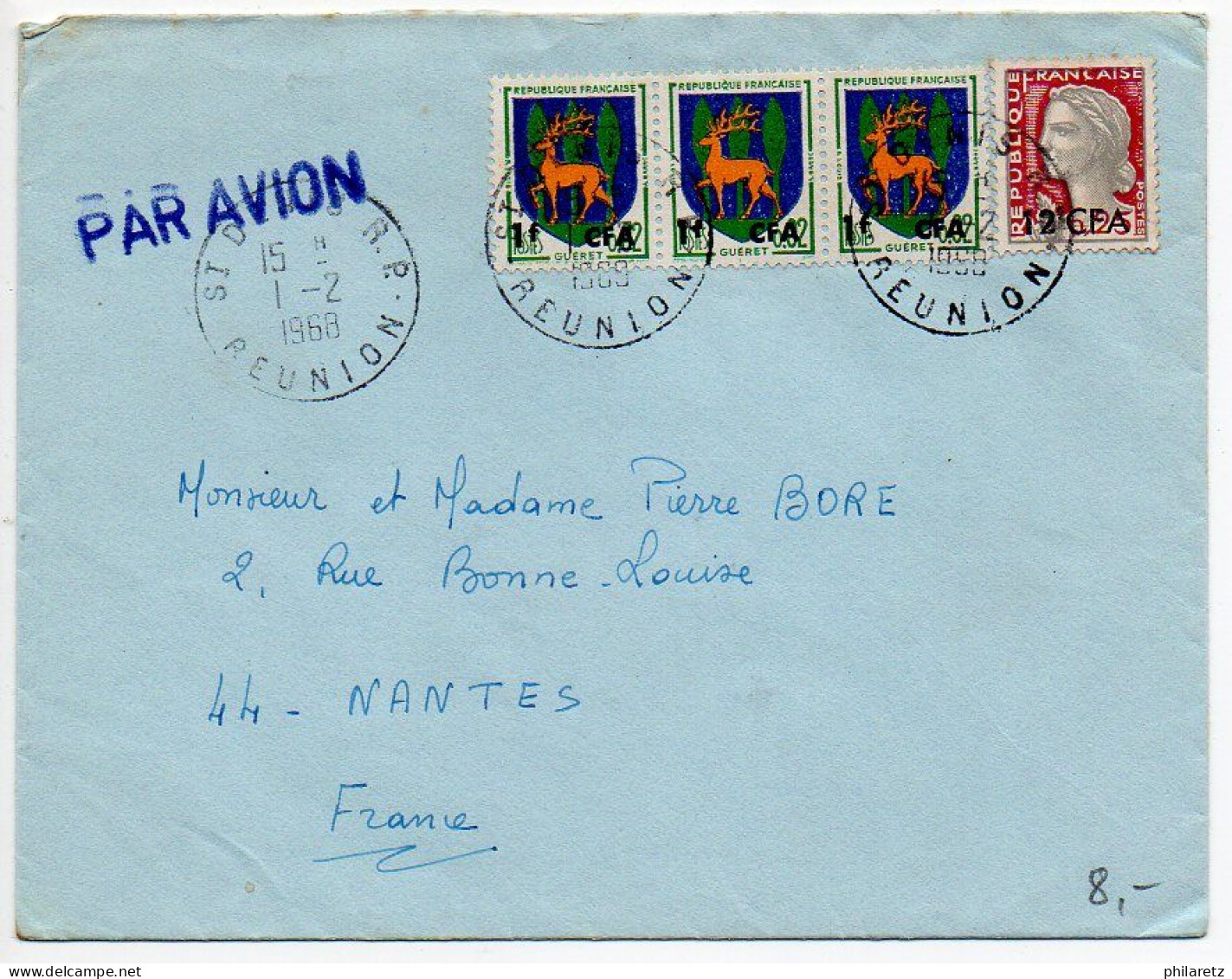 Réunion CFA : Blason Guéret X3 + Decaris Sur Lettre De 1968 Pour La Métropole - Brieven En Documenten