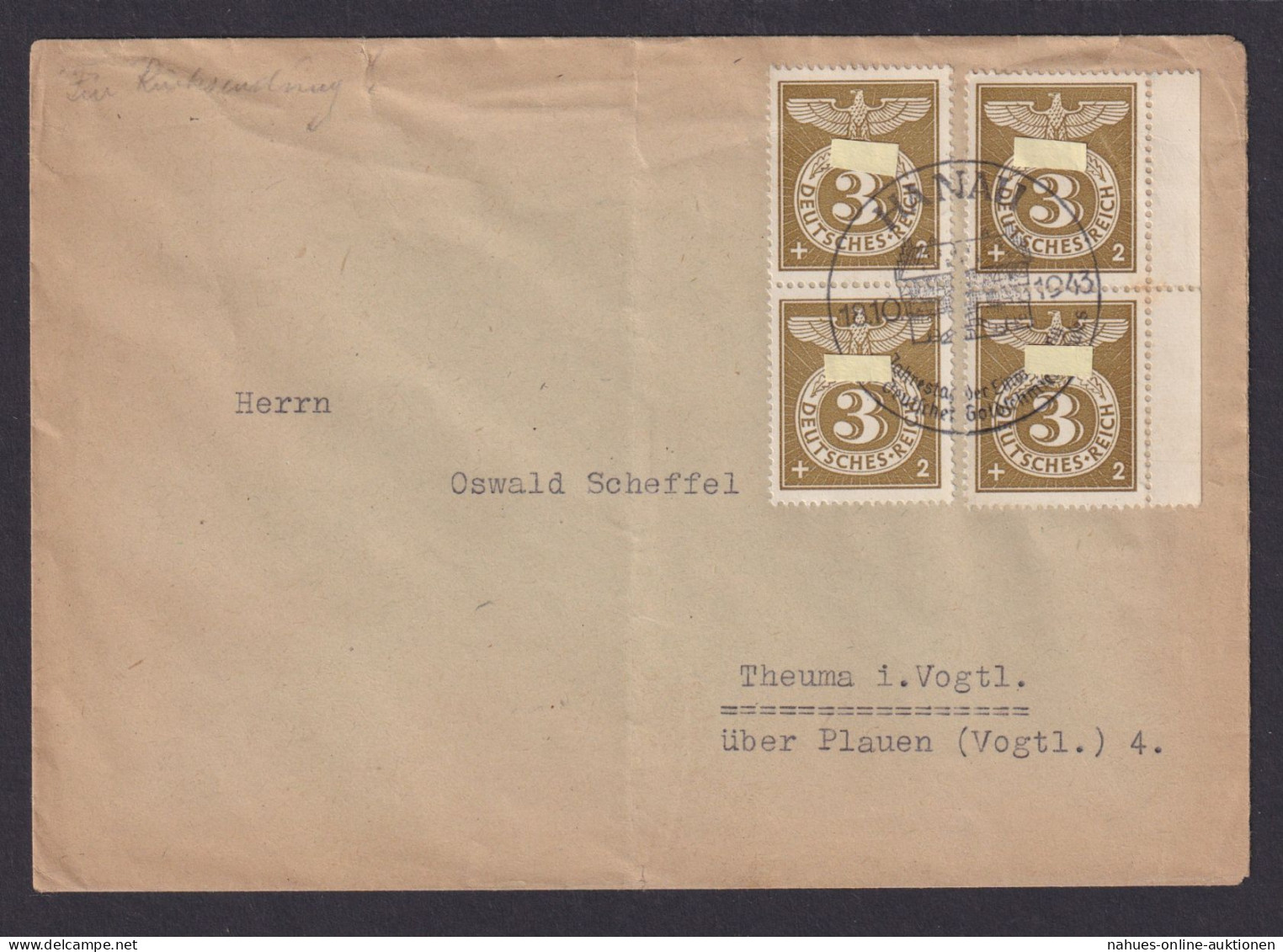 Hanau Deutsches Reich Brief Theuma Vogtland Sachsen MEF 830 Reichsadler Ziffer - Storia Postale