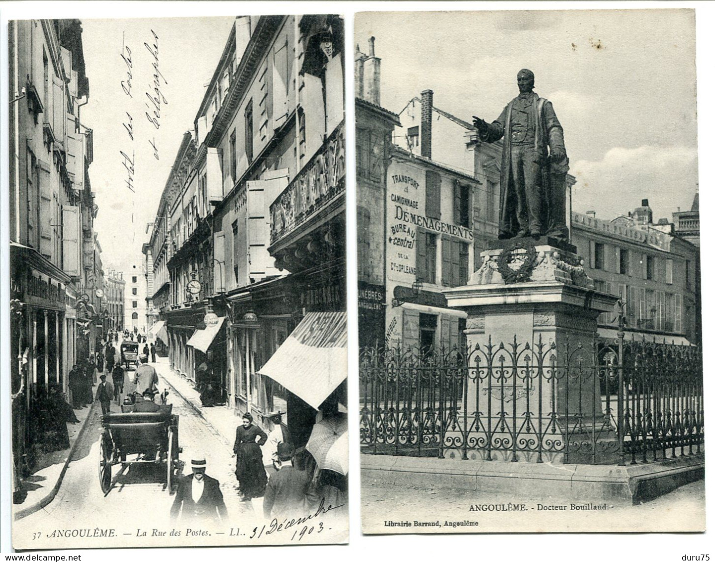 LOT 2 CP * ANGOULÊME La Rue Des Postes ( Pionnière Timbre Chiffre Taxe ) & Docteur Bouillaud ( Statue ) - Angouleme