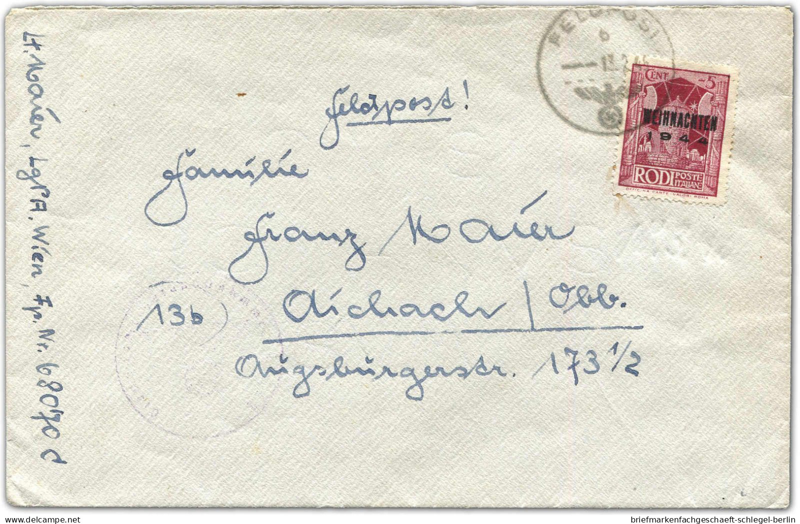 Deutsche Besetzung II. WK Insel Rhodos, 1944, 12 III, Brief - Occupation 1938-45