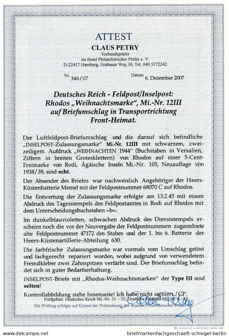 Deutsche Besetzung II. WK Insel Rhodos, 1944, 12 III, Brief - Occupazione 1938 – 45