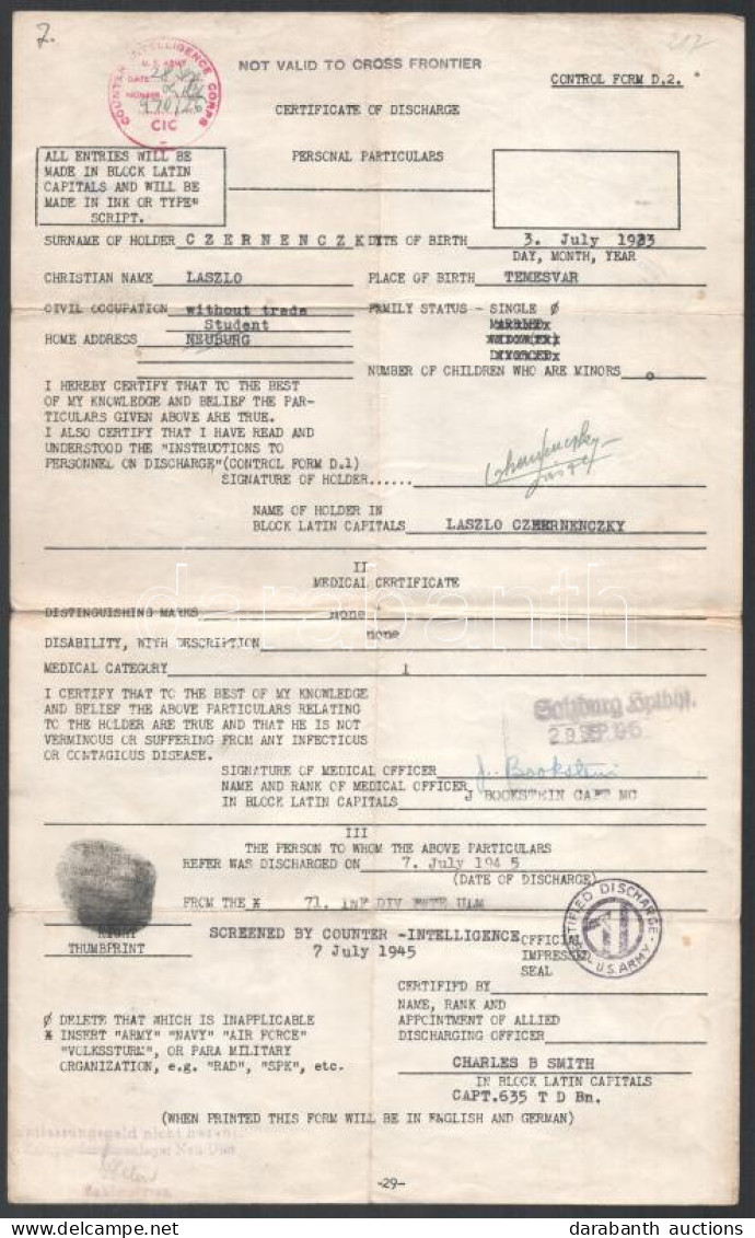 1945. Júl. 7. Az Amerikai Hadsereg Kémelhárítása (U.S. Army Counter Intelligence Corps) által Kiállított Elbocsátólevél  - Otros & Sin Clasificación