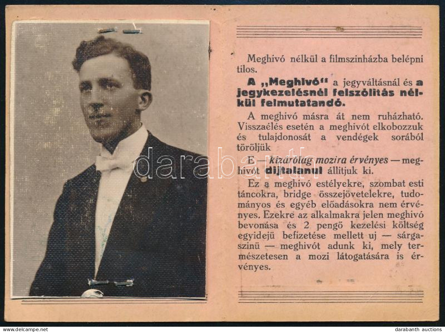 1939 Országos Tiszti Kaszinó Fényképes Meghívója (igazolványa) - Sonstige & Ohne Zuordnung