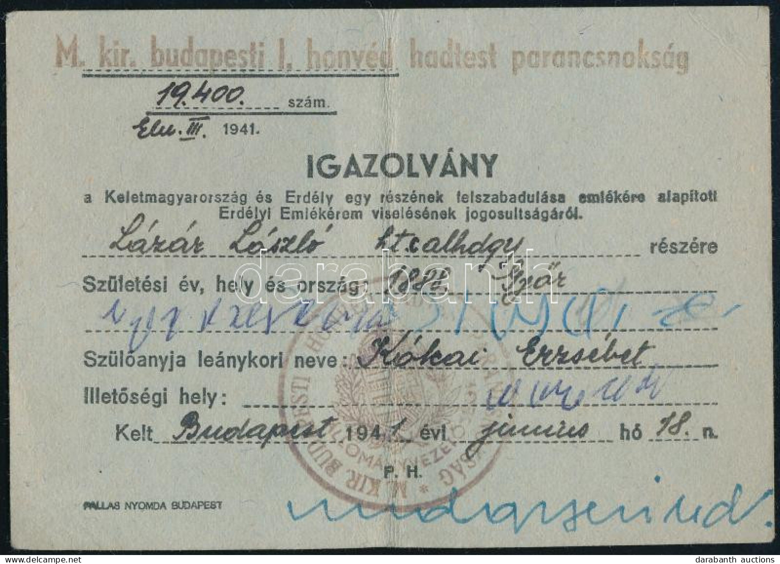 1941 Igazolvány A Kelet-Magyarország és Erdély Egy Részének Felszabadulása Emlékére Alapított Erdélyi Emlékérem Viselésé - Otros & Sin Clasificación