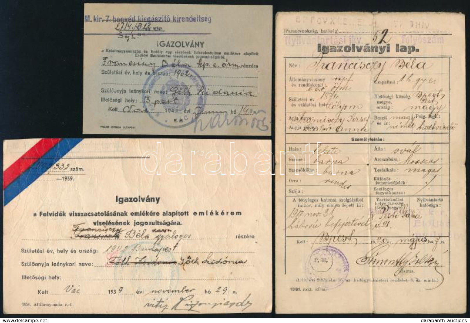 Cca 1920-1941 Franciscy (Francisczy) Magyar Nemesi Család Tagjai Részére Kiállított 3 Db Katonai Okmány: 1939 Igazolvány - Sonstige & Ohne Zuordnung