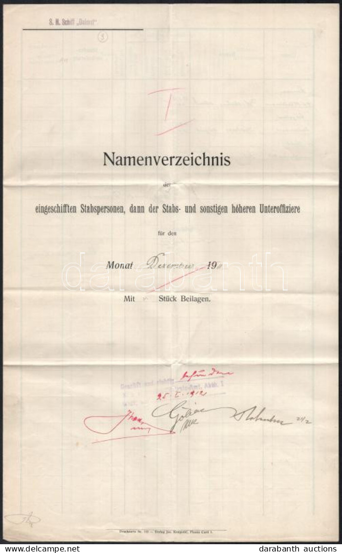 1911 Az S.M.S. Dalmat Kimutatása Az 1908 Decemberében Fedélzetre Lépett Személyekről. A Parancsnok Aláírásával és A Hajó - Altri & Non Classificati