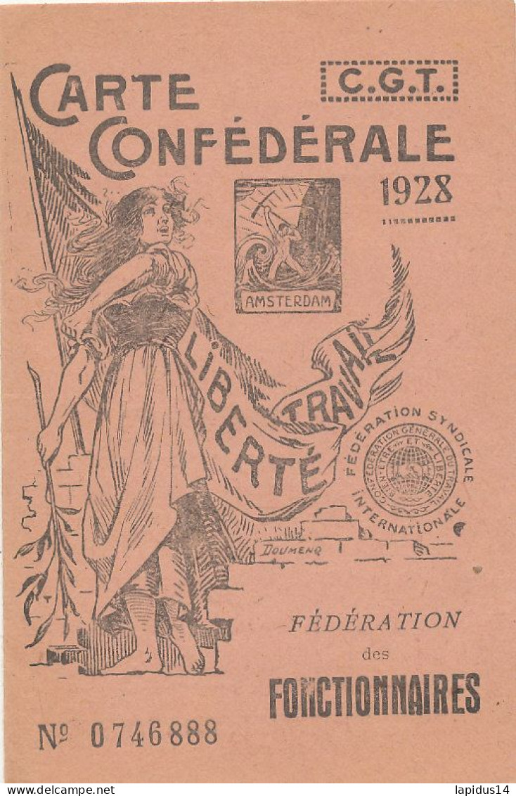 CARTE CONFEDERALE  C  G  T. 1928 FEDERATION DES FONCTIONNAIRES - Membership Cards