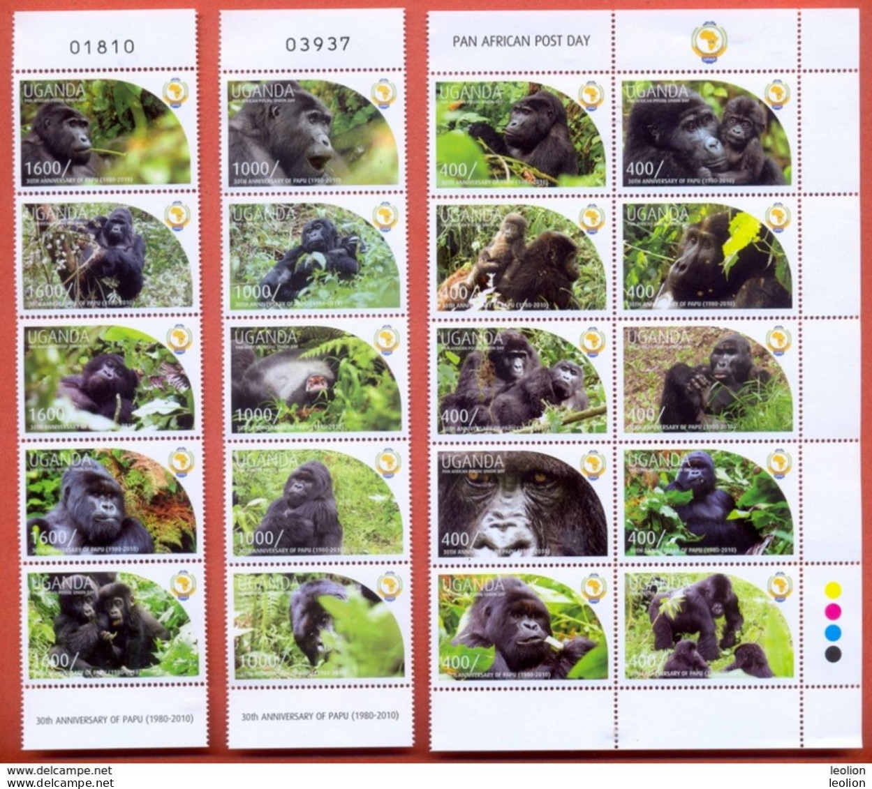 UGANDA 2011 Gorillas Wildlife PAPU Postal Union MNH 20 Stamps Set Complete OUGANDA - Ouganda (1962-...)