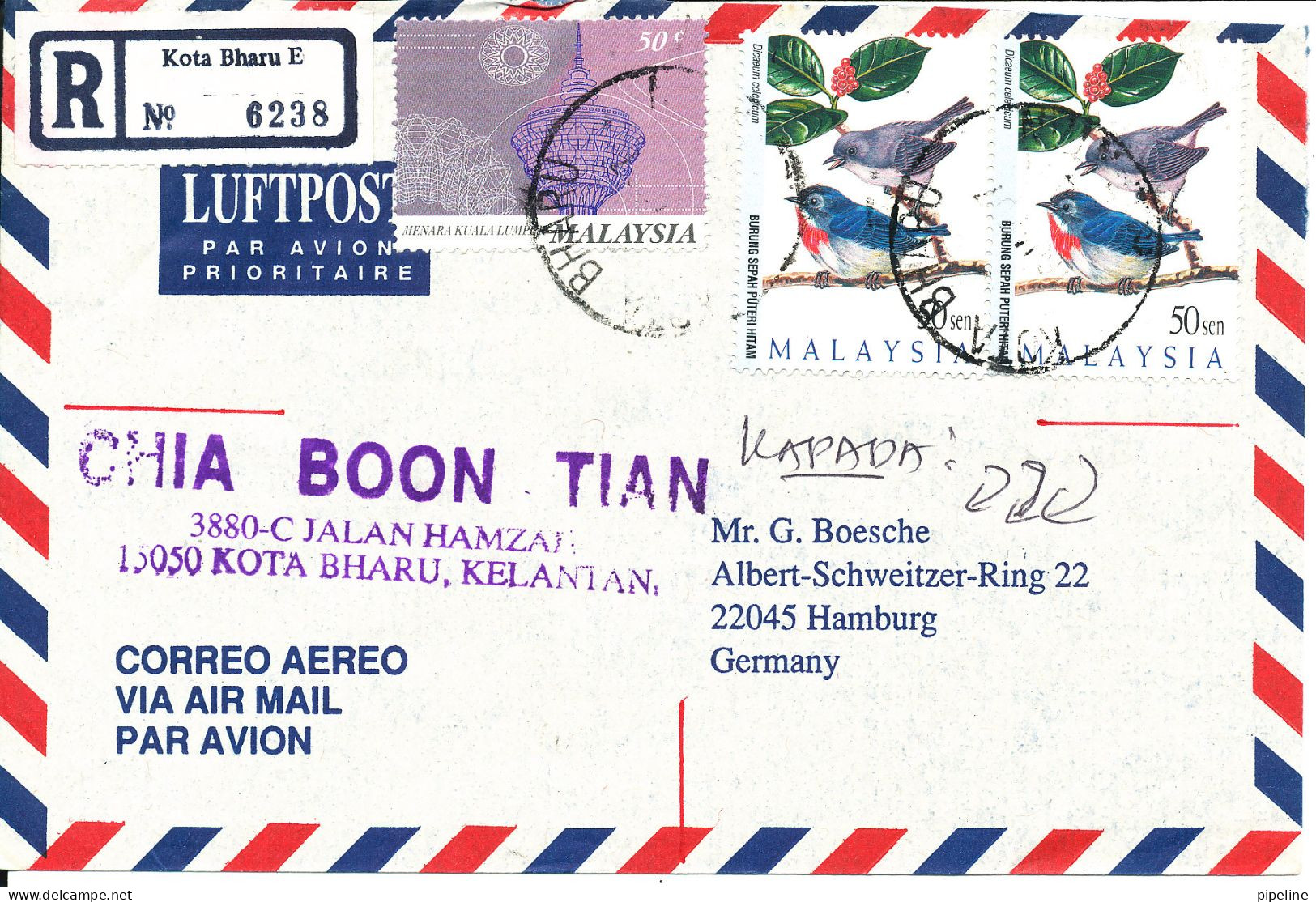 Malaysia Kelantan Registered Air Mail Cover Sent To Germany Kota Bharu D 16-1-1997 BIRDS Stamps On Front And Backside Of - Malaysia (1964-...)