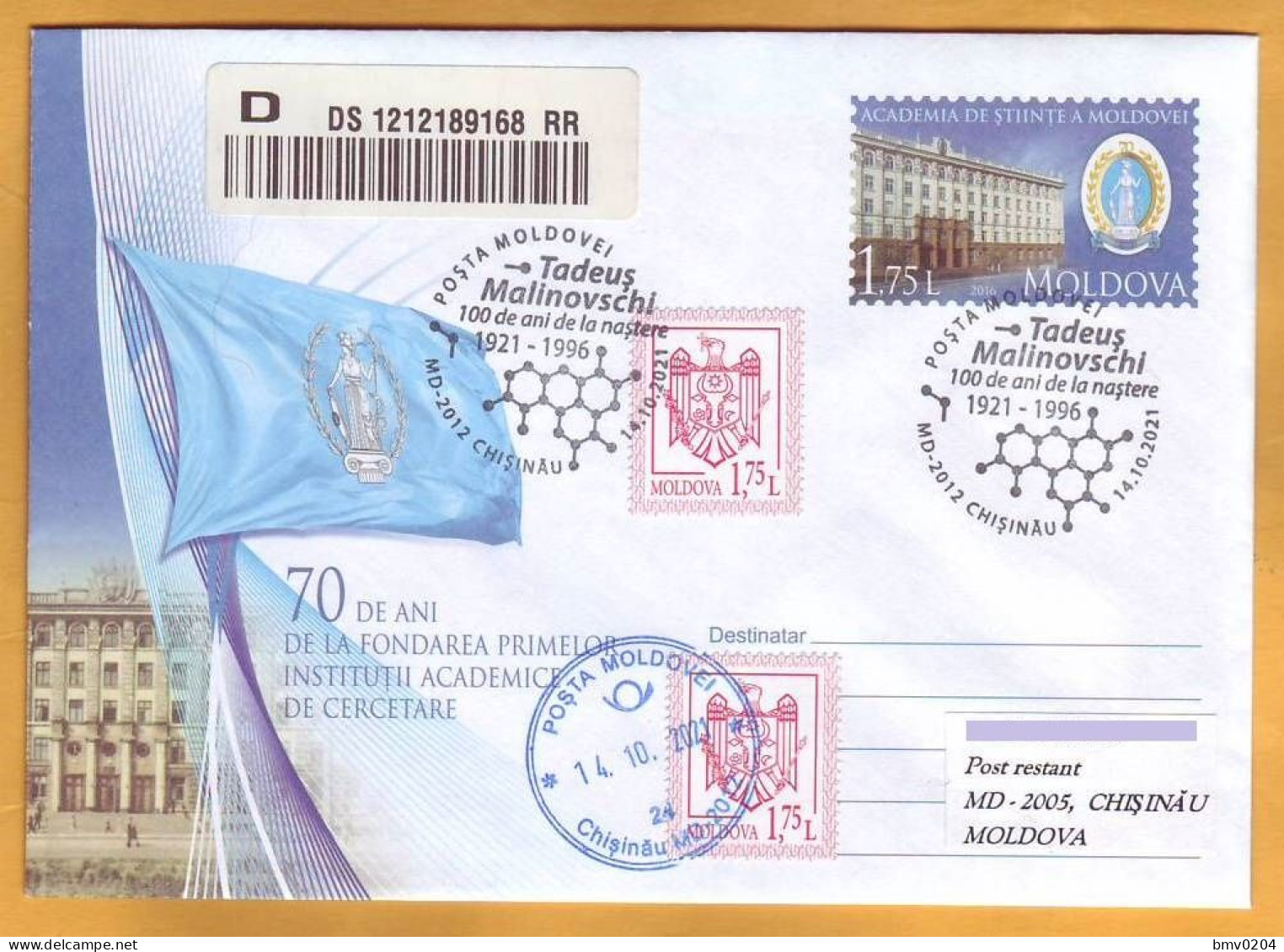 2021 Moldova Poland Special Postmark „Tadeus Malinovschi (1921-1996) – 100th Birth Anniversary. Physicist, Doctor...." - Moldavie