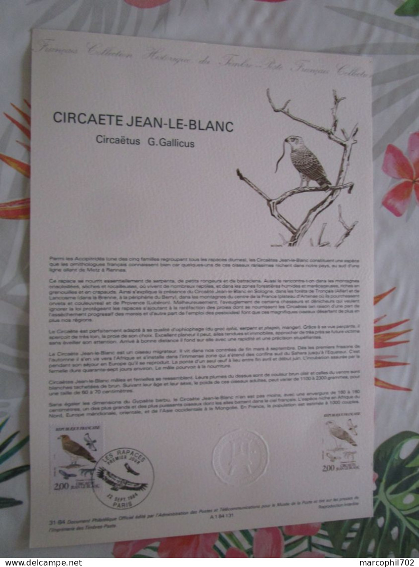 Document Officiel  Rapace Circaete Jean Le Blanc 22/9/84 - Documents De La Poste