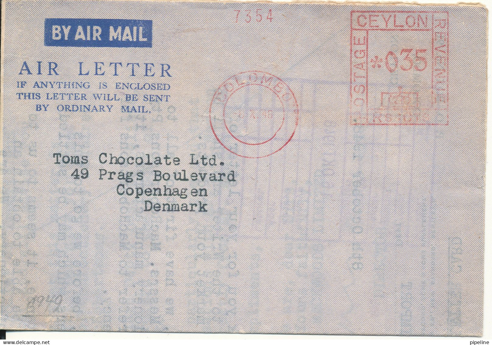 Ceylon Air Letter With Red Meter Cancel Colombo Sent To Denmark  Colombo 8-10-1948 - Sri Lanka (Ceylan) (1948-...)